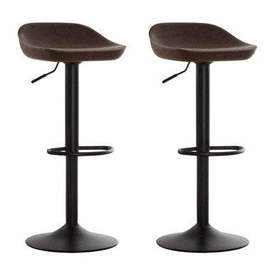Set of 2 mocha leather effect bar stools with matte black base