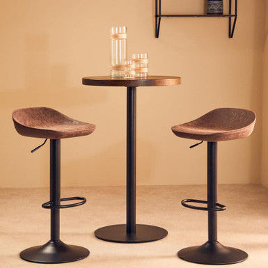 Mocha leather effect adjustable bar stools shown in use at a kitchen counter