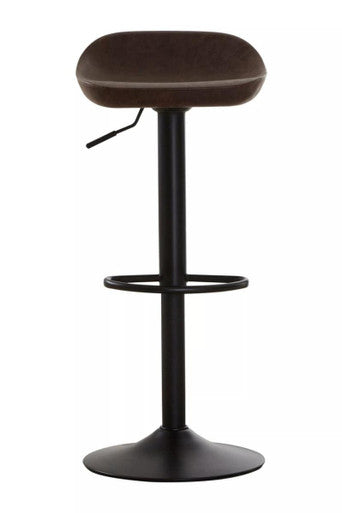 Mocha bar stool with curved padded seat and black pedestal base on a plain background