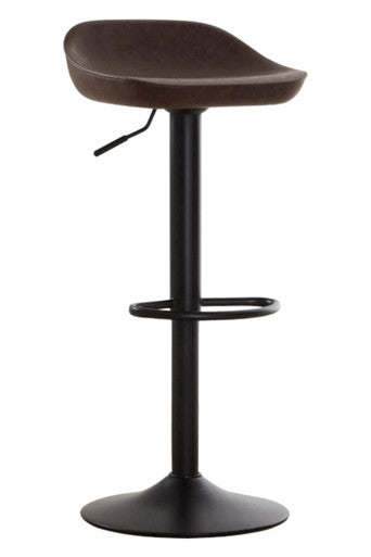Front view of mocha leather effect bar stool with matte black base