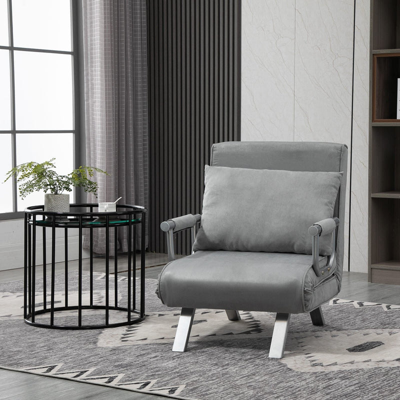 Dark grey chair bed with matching pillow, upright seating position