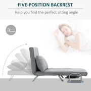 Light grey chair bed dimension diagram, 65W x 69D x 80H cm chair and 185.5L x 60W x 25H cm bed