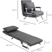 Dark grey chair bed dimension diagram, 65W x 69D x 80H cm chair and 185.5L x 60W x 25H cm bed