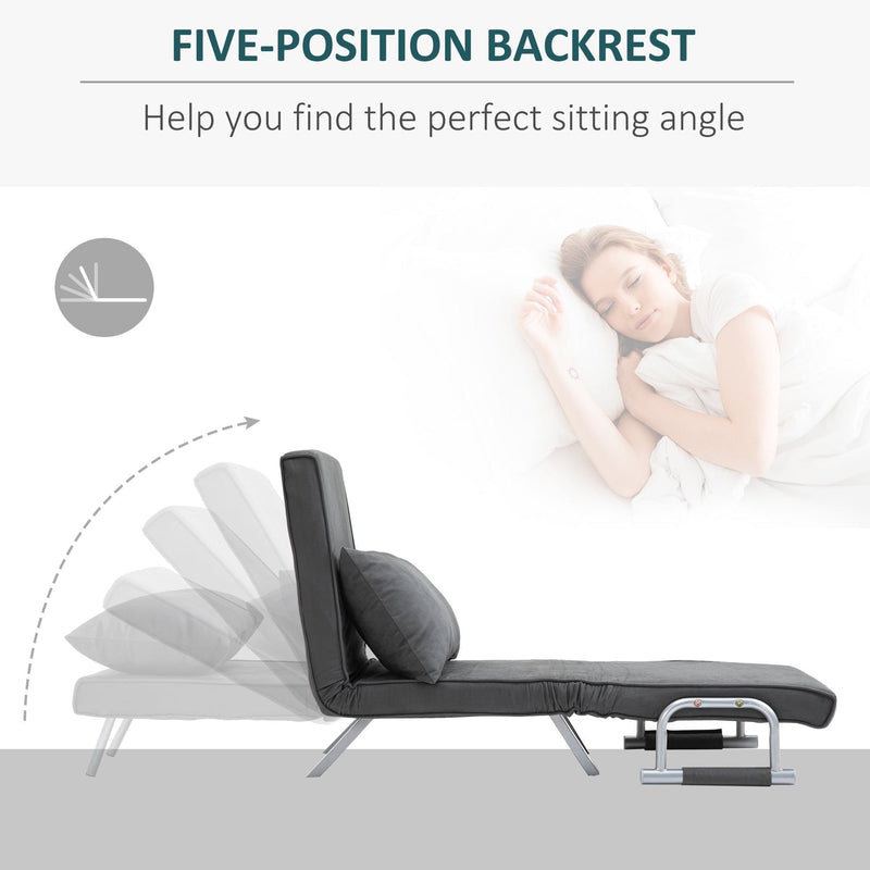 Five-position adjustable backrest diagram on dark grey chair bed