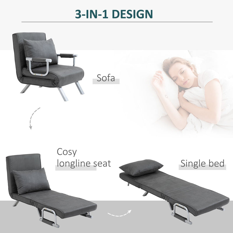 3-in-1 design showing dark grey chair, longline seat and single bed positions