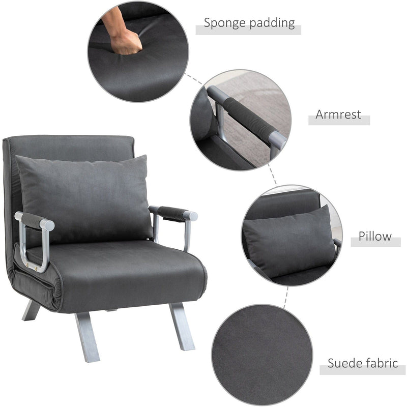 Close-up of sponge padding, armrest, pillow and suede fabric on dark grey chair bed