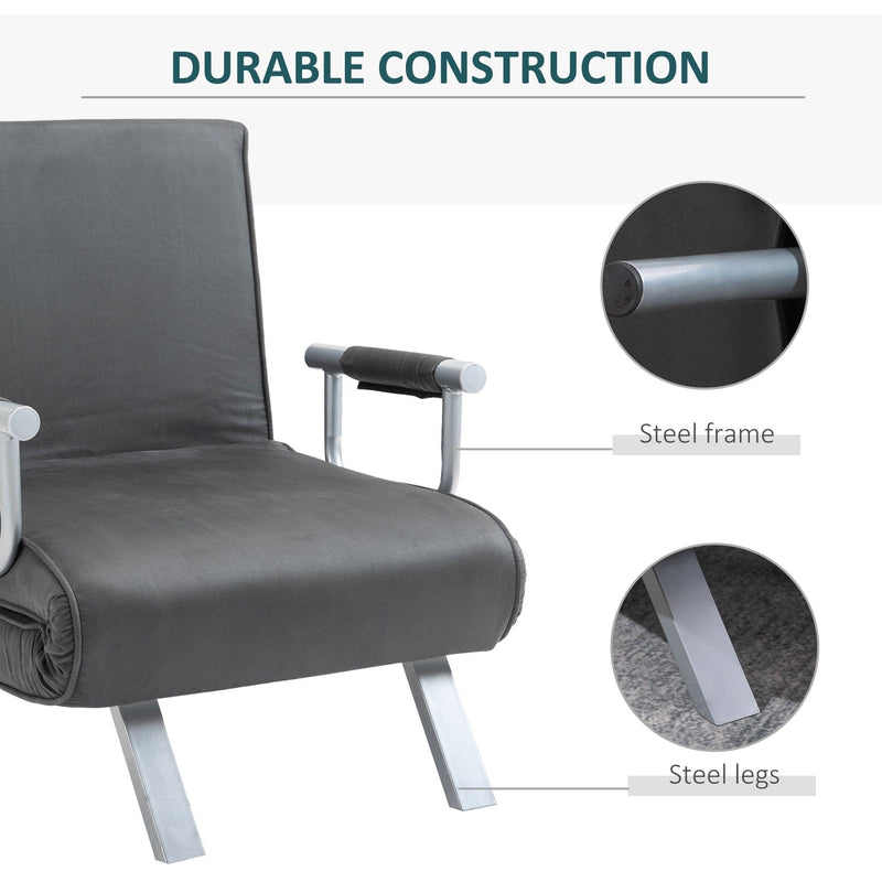 Durable steel frame and steel legs construction detail, dark grey chair bed