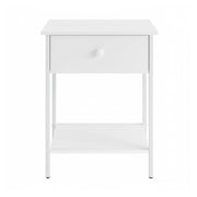 Vasagle modern bedside table with drawer and open shelf, front angle view, rustic brown and black finish