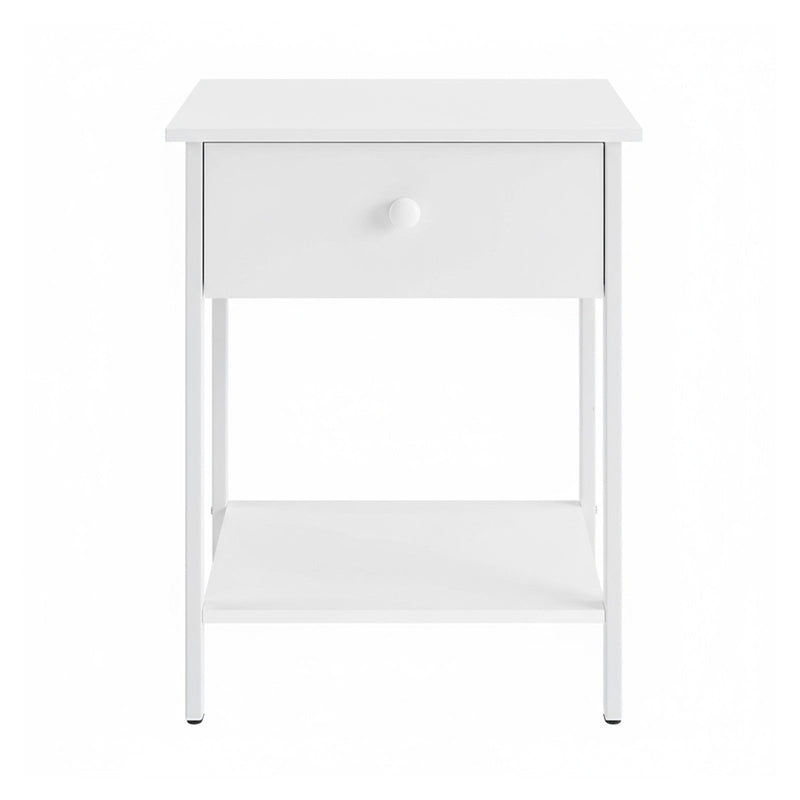 Vasagle modern bedside table with drawer and open shelf, front angle view, rustic brown and black finish