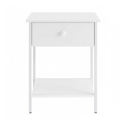 Vasagle modern bedside table with drawer and open shelf, front angle view, rustic brown and black finish