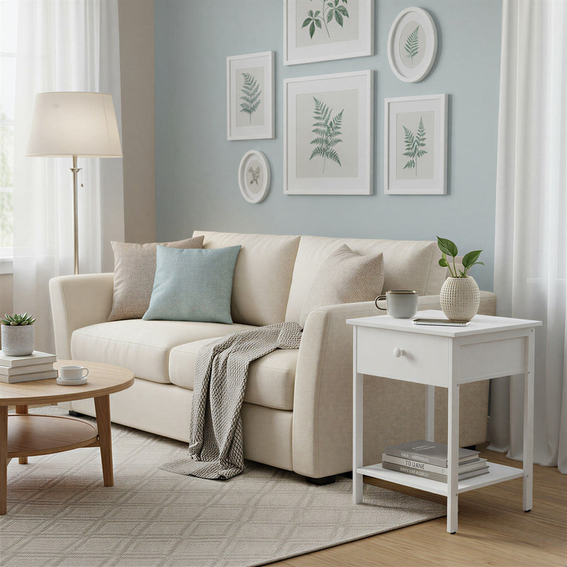 Vasagle nightstand side view showing steel frame construction