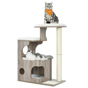 Greige and white cat tree with 2 cats, one on the top perch and one in the cave, studio shot