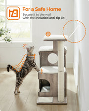 Cat tree secured to the wall with the included anti-tip kit for extra safety