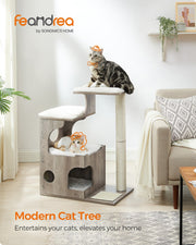 Feandrea branded lifestyle photo of the cat tree in a living room with Modern Cat Tree caption