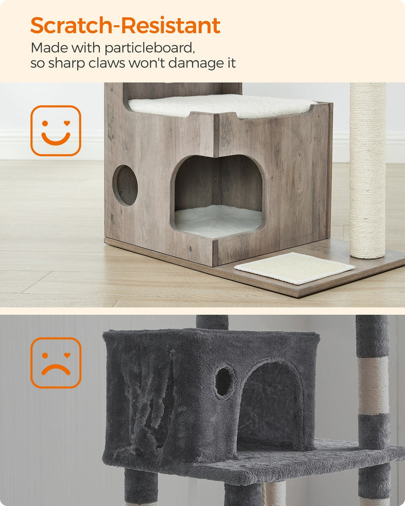 Scratch-resistant particleboard frame compared with a faux-fur wrapped alternative