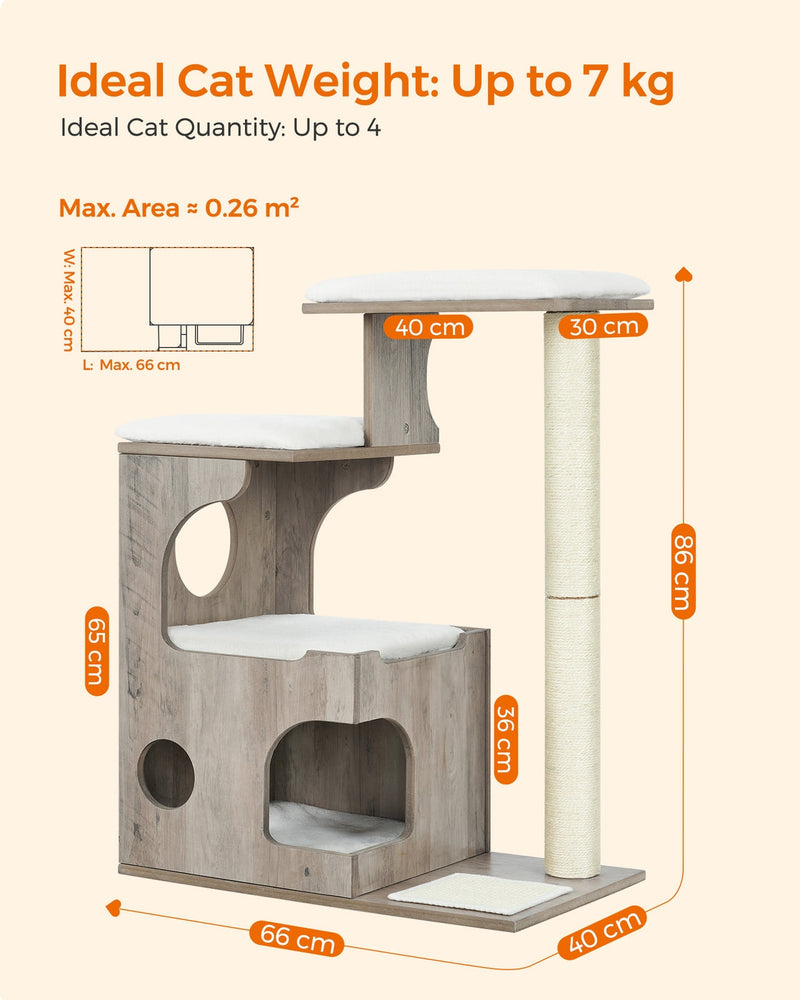 Dimension diagram showing 86 cm height, 66 x 40 cm footprint and 7 kg max cat weight