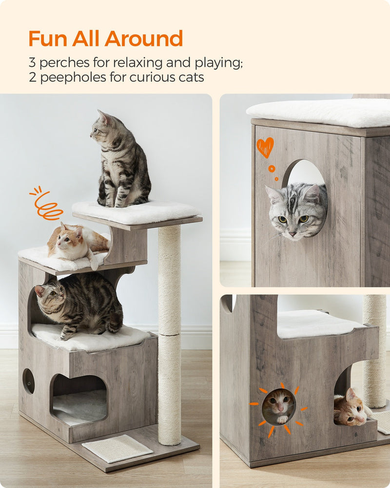 3 cats using the perches and peepholes at once, showing space for multiple cats