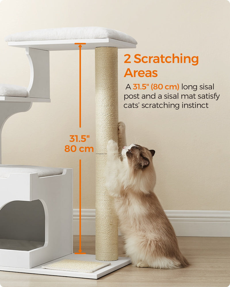 Cat scratching the 80 cm sisal post next to the sisal mat at the base of the cat tree