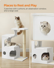 Cats using the three cushioned perches, the round observation window and the large cave