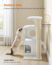 Cat stretching up the sisal post of the white cat tree, which is fitted with an anti-tip kit