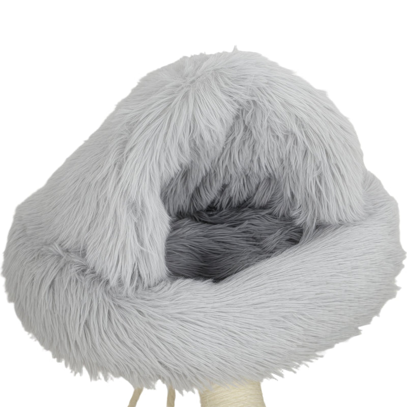 Close-up of the light grey plush hooded cat bed with a dark cushion inside