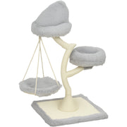 Light grey cat tree with a hooded bed, side bed and hanging hammock on a cream sisal base, on a white background