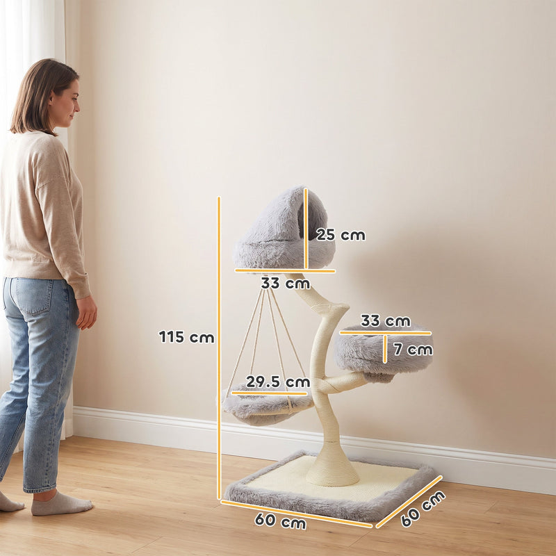 Dimensions diagram of the cat tree: 115 cm tall, 60 x 60 cm base, 33 cm beds, 25 cm hood height, 7 cm side bed height and 29.5 cm hammock