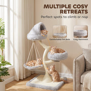 Cats using the hooded bed, side bed and hanging hammock of the cat tree, with cosy retreat callouts