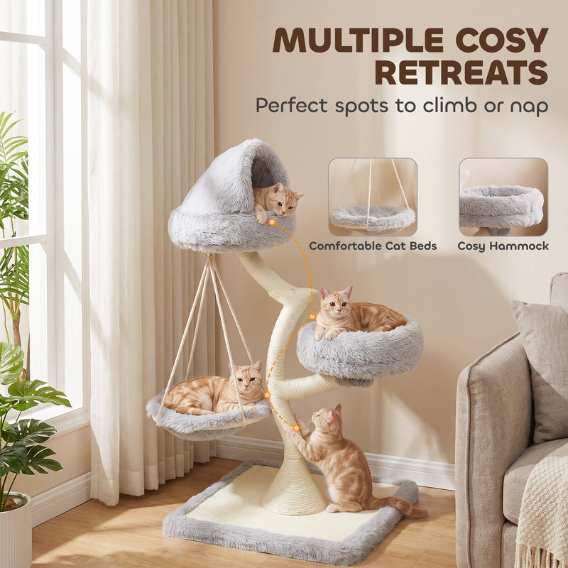 Cats using the hooded bed, side bed and hanging hammock of the cat tree, with cosy retreat callouts
