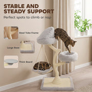 Cat jumping onto the hooded bed with callouts for the steel tube frame, large base and thick board