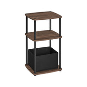 Ebony Walnut 3-tier side table with two open shelves and a black fabric storage basket, studio shot