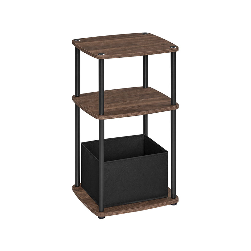 Ebony Walnut 3-tier side table with two open shelves and a black fabric storage basket, studio shot