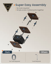Toolless assembly diagram showing the labelled parts and screws for the side table