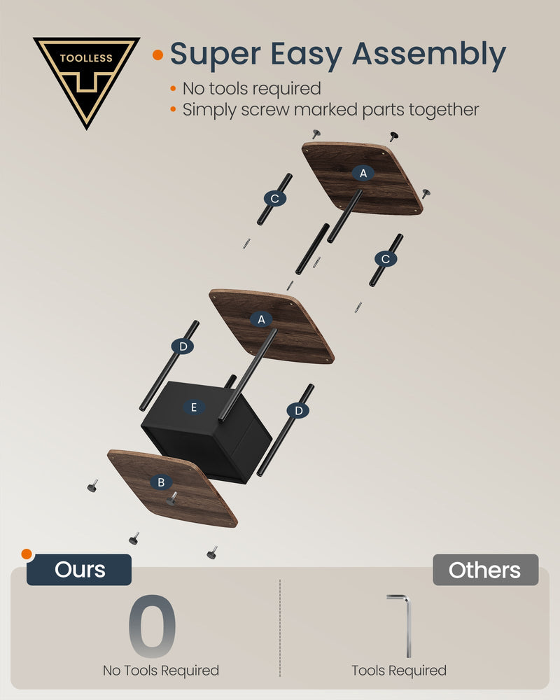 Toolless assembly diagram showing the labelled parts and screws for the side table