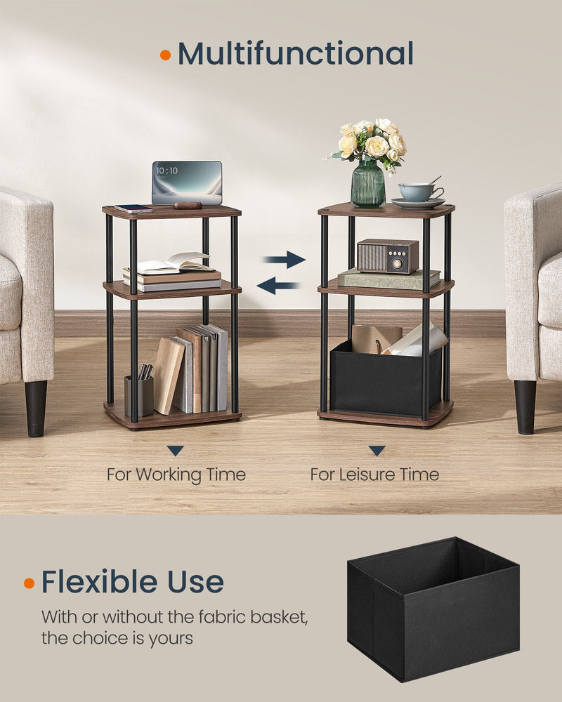 Side table styled for working time with a laptop and for leisure time with flowers and a teacup
