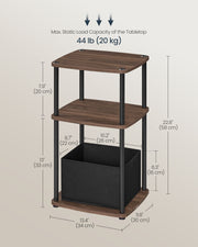 Dimensions diagram showing 34 x 30 x 58 cm table with a 20 kg tabletop load capacity and basket size