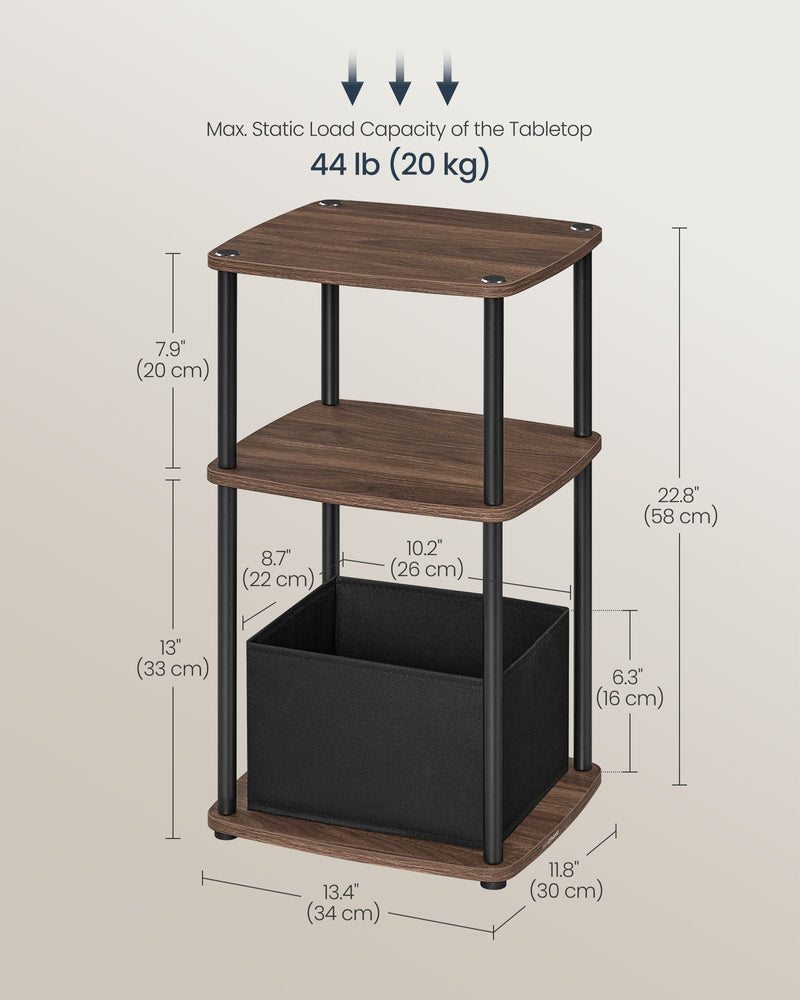 Dimensions diagram showing 34 x 30 x 58 cm table with a 20 kg tabletop load capacity and basket size