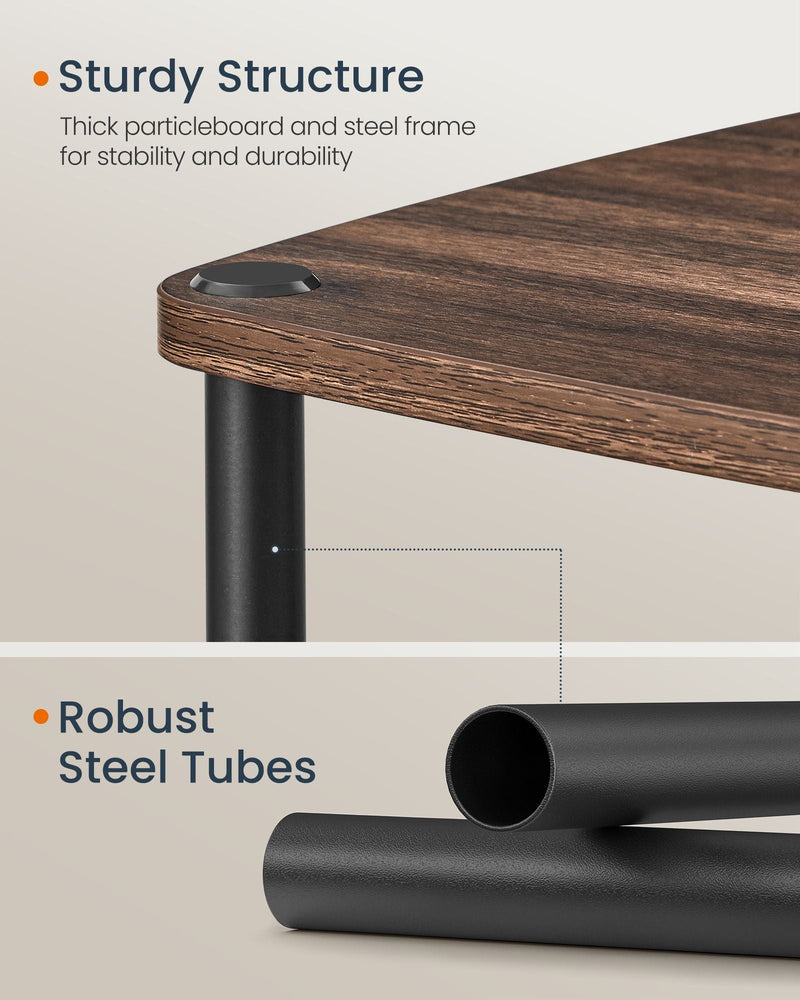 Close-up of the particleboard tabletop corner and robust steel tube legs