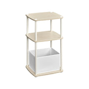 Natural Beige 3-tier side table with two open shelves and a white fabric storage basket, studio shot