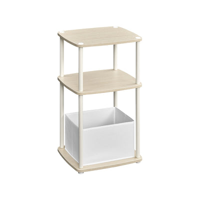 Natural Beige 3-tier side table with two open shelves and a white fabric storage basket, studio shot