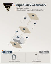 Toolless assembly diagram showing the labelled parts and screws for the side table