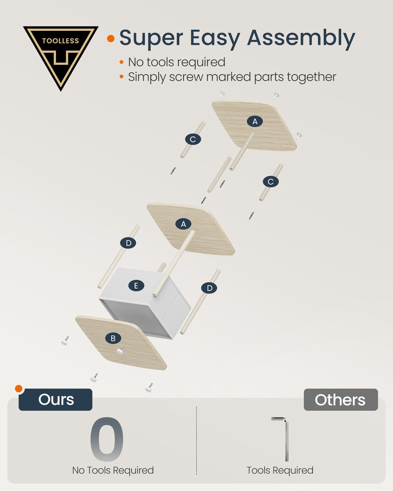 Toolless assembly diagram showing the labelled parts and screws for the side table
