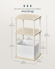 Dimensions diagram showing 34 x 30 x 58 cm table with a 20 kg tabletop load capacity and basket size