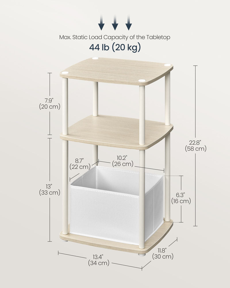 Dimensions diagram showing 34 x 30 x 58 cm table with a 20 kg tabletop load capacity and basket size