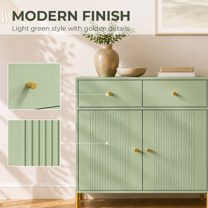 Close-up of the gold-tone knobs and fluted door panels