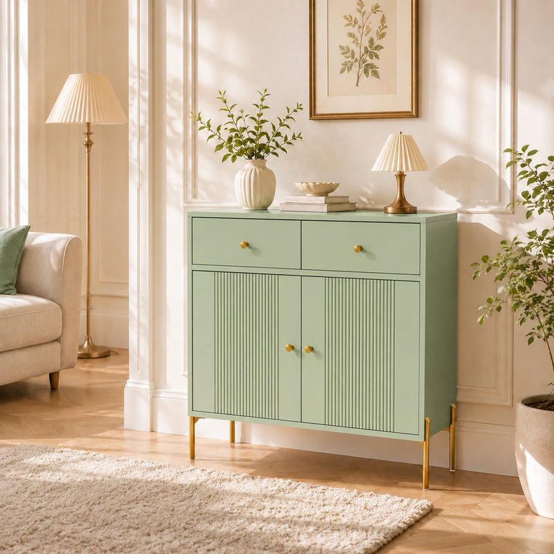Light green sideboard styled in a living room with a floor lamp and armchair