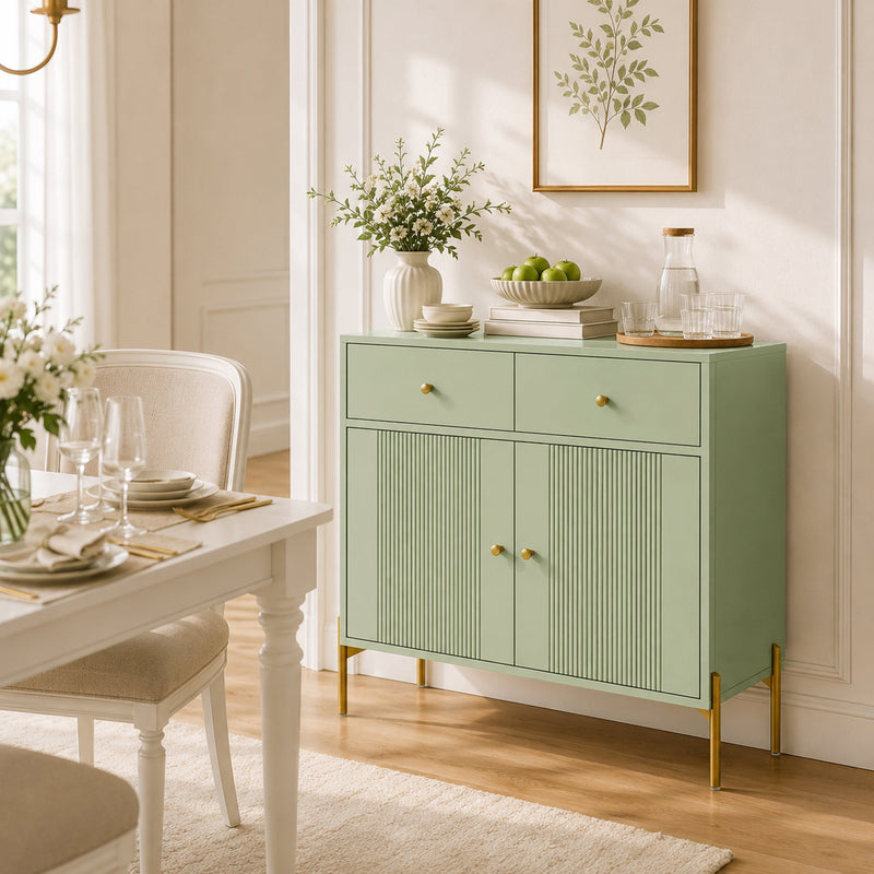 Light green sideboard styled in a dining room beside a table set for a meal