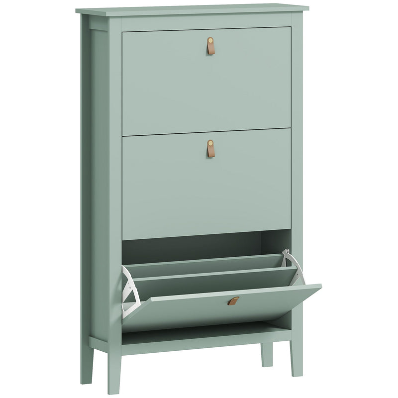 HOMCOM green three-drawer shoe cabinet, studio view with middle drawer open