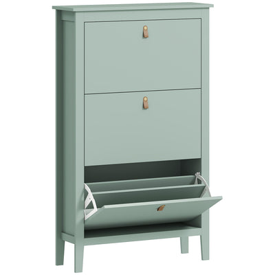 HOMCOM green three-drawer shoe cabinet, studio view with middle drawer open