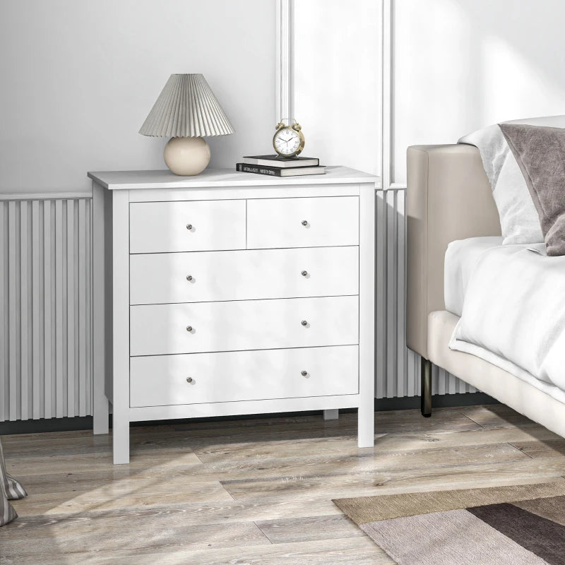 modern white 5 drawer dresser with brushed steel handles in a modern bedroom 